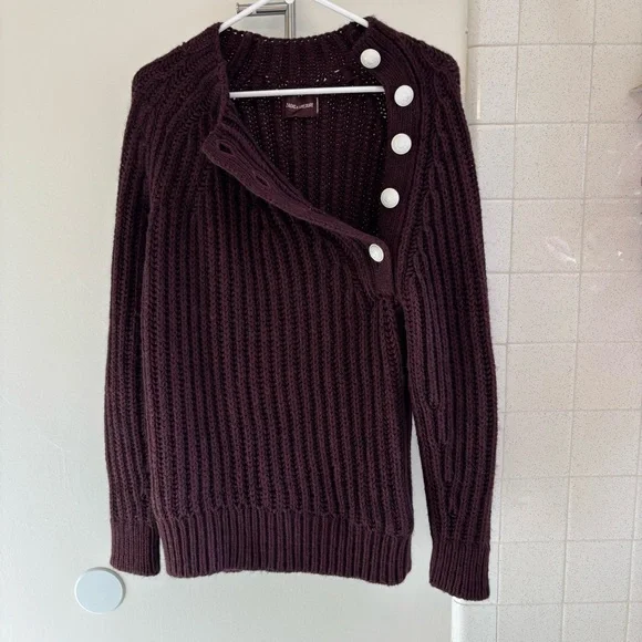 Zadig & Voltaire White Buttons Ribbed Sweater Coleen Maroon XS Fits like Medium - Picture 2 of 11